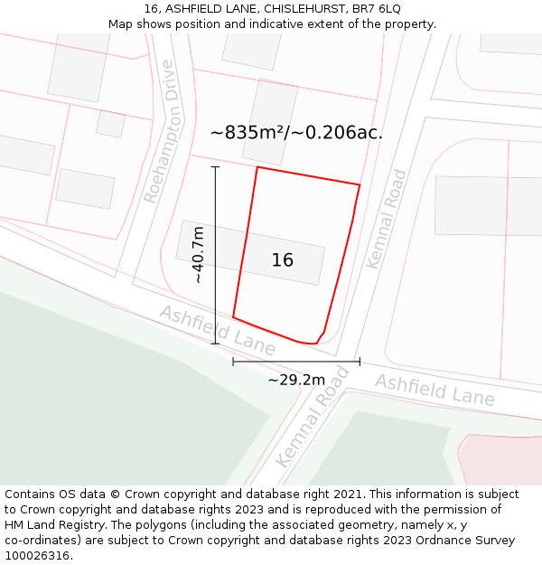 16, ASHFIELD LANE, CHISLEHURST, BR7 6LQ: Plot and title map