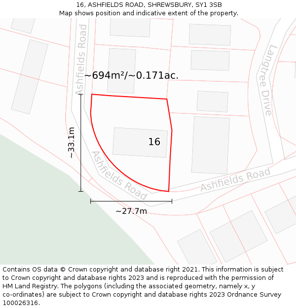 16, ASHFIELDS ROAD, SHREWSBURY, SY1 3SB: Plot and title map