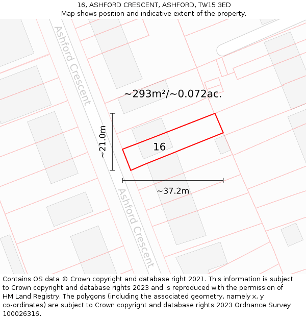 16, ASHFORD CRESCENT, ASHFORD, TW15 3ED: Plot and title map