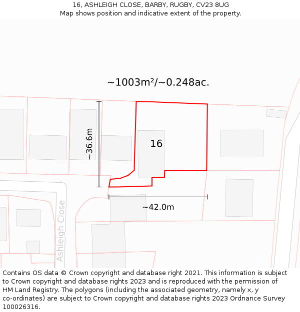 16, ASHLEIGH CLOSE, BARBY, RUGBY, CV23 8UG: Plot and title map