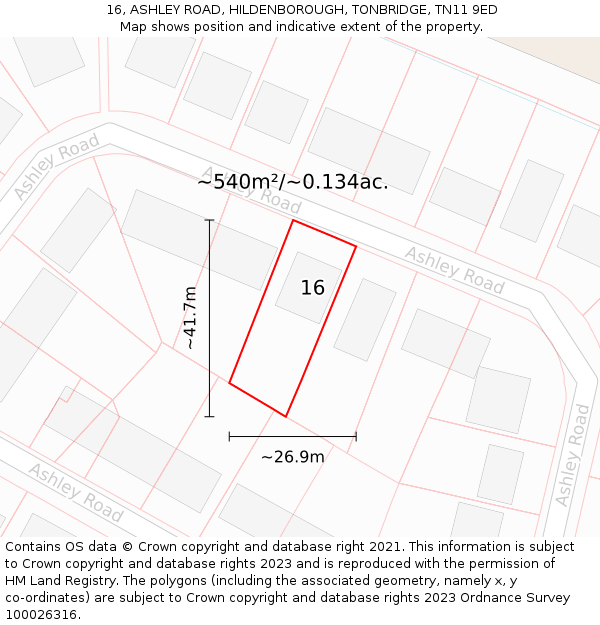 16, ASHLEY ROAD, HILDENBOROUGH, TONBRIDGE, TN11 9ED: Plot and title map