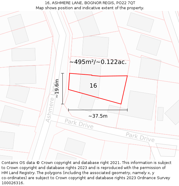 16, ASHMERE LANE, BOGNOR REGIS, PO22 7QT: Plot and title map