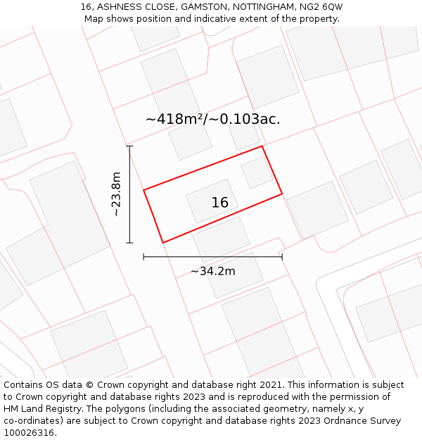 16, ASHNESS CLOSE, GAMSTON, NOTTINGHAM, NG2 6QW: Plot and title map