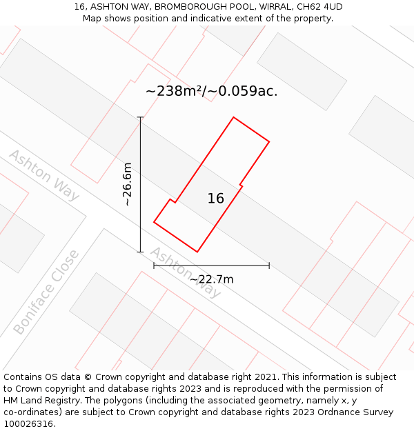 16, ASHTON WAY, BROMBOROUGH POOL, WIRRAL, CH62 4UD: Plot and title map