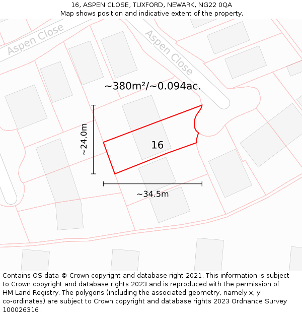 16, ASPEN CLOSE, TUXFORD, NEWARK, NG22 0QA: Plot and title map