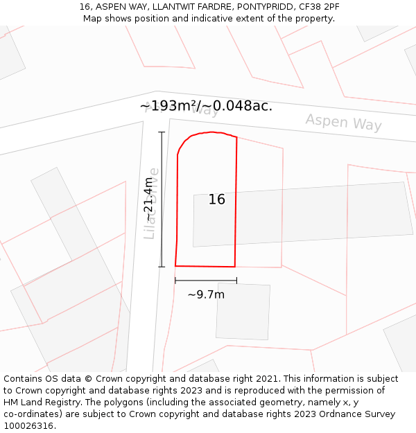 16, ASPEN WAY, LLANTWIT FARDRE, PONTYPRIDD, CF38 2PF: Plot and title map