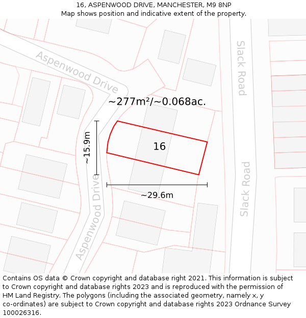 16, ASPENWOOD DRIVE, MANCHESTER, M9 8NP: Plot and title map