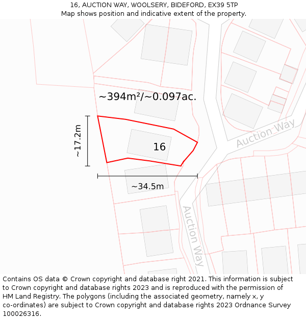 16, AUCTION WAY, WOOLSERY, BIDEFORD, EX39 5TP: Plot and title map