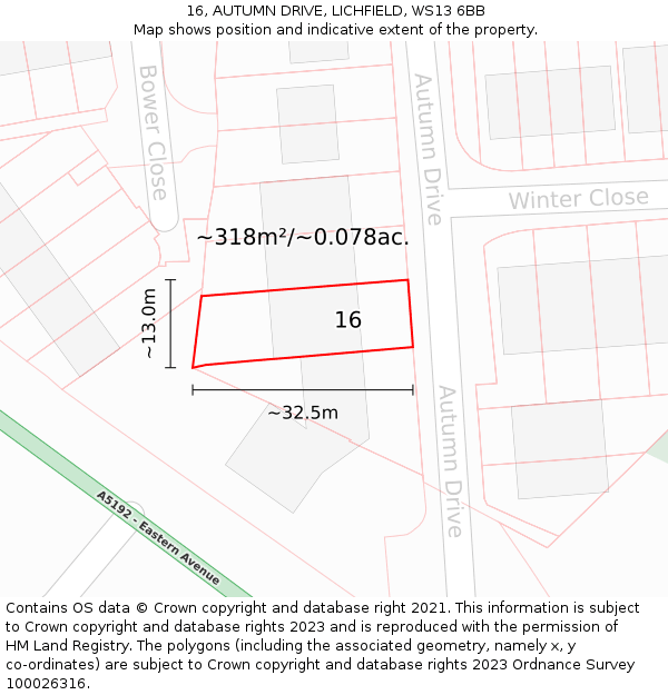 16, AUTUMN DRIVE, LICHFIELD, WS13 6BB: Plot and title map