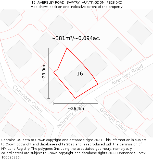 16, AVERSLEY ROAD, SAWTRY, HUNTINGDON, PE28 5XD: Plot and title map