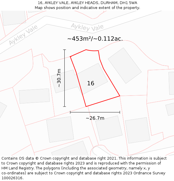 16, AYKLEY VALE, AYKLEY HEADS, DURHAM, DH1 5WA: Plot and title map