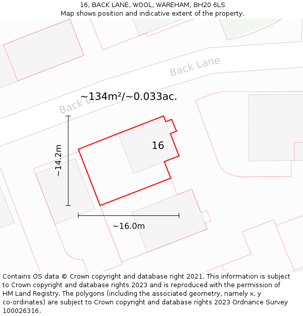 16, BACK LANE, WOOL, WAREHAM, BH20 6LS: Plot and title map