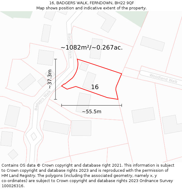 16, BADGERS WALK, FERNDOWN, BH22 9QF: Plot and title map