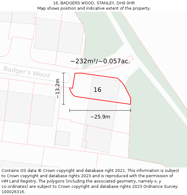 16, BADGERS WOOD, STANLEY, DH9 0HR: Plot and title map