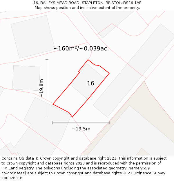 16, BAILEYS MEAD ROAD, STAPLETON, BRISTOL, BS16 1AE: Plot and title map