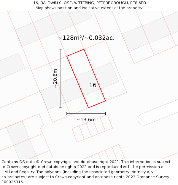 16, BALDWIN CLOSE, WITTERING, PETERBOROUGH, PE8 6EB: Plot and title map