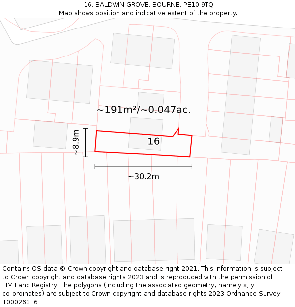 16, BALDWIN GROVE, BOURNE, PE10 9TQ: Plot and title map