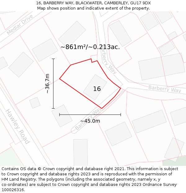 16, BARBERRY WAY, BLACKWATER, CAMBERLEY, GU17 9DX: Plot and title map