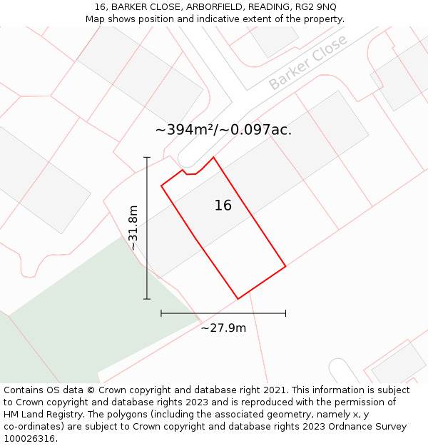 16, BARKER CLOSE, ARBORFIELD, READING, RG2 9NQ: Plot and title map