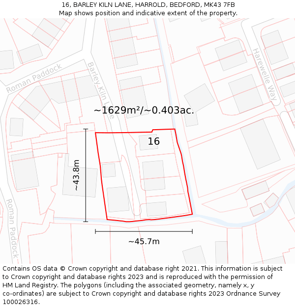 16, BARLEY KILN LANE, HARROLD, BEDFORD, MK43 7FB: Plot and title map