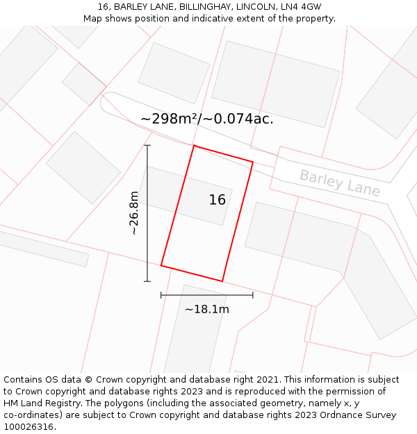 16, BARLEY LANE, BILLINGHAY, LINCOLN, LN4 4GW: Plot and title map