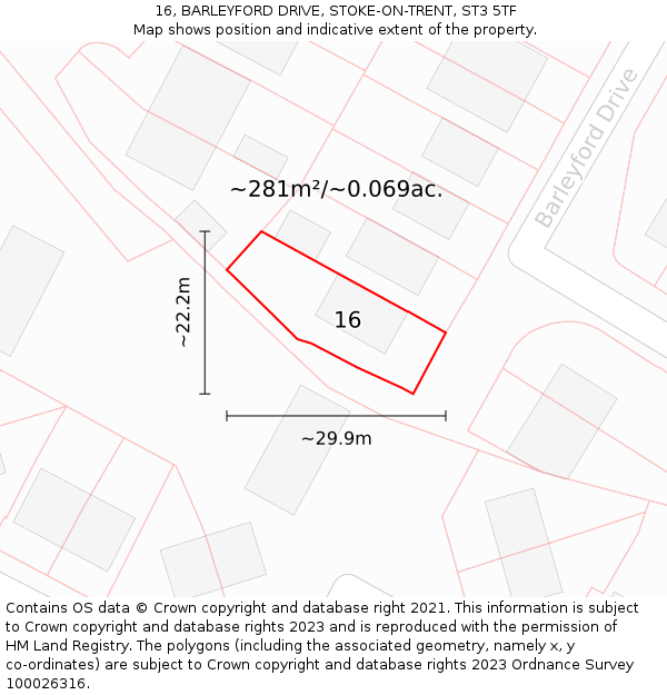 16, BARLEYFORD DRIVE, STOKE-ON-TRENT, ST3 5TF: Plot and title map