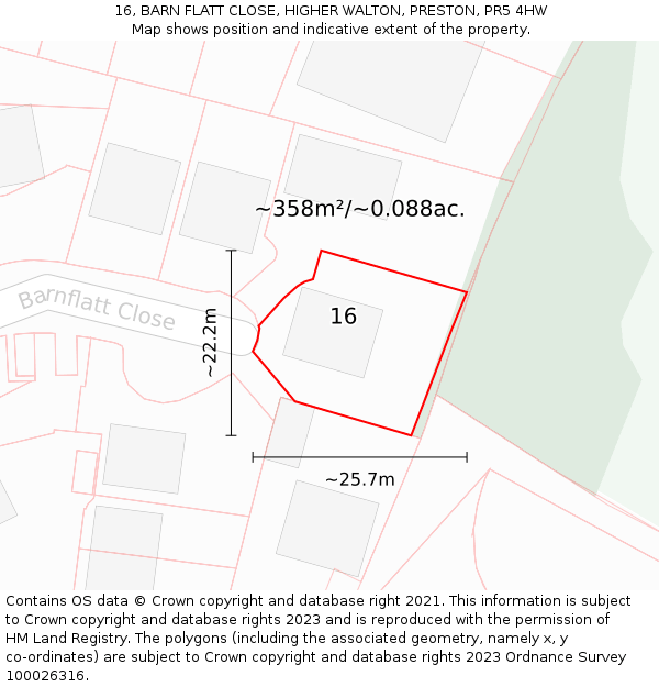 16, BARN FLATT CLOSE, HIGHER WALTON, PRESTON, PR5 4HW: Plot and title map