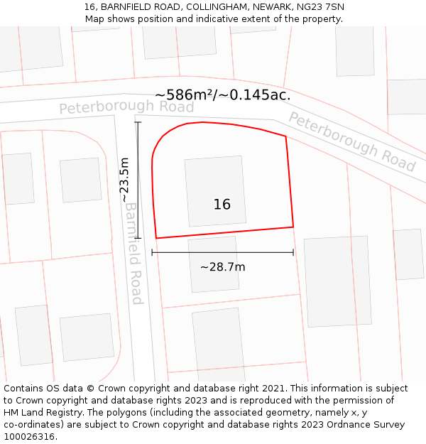 16, BARNFIELD ROAD, COLLINGHAM, NEWARK, NG23 7SN: Plot and title map