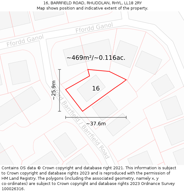 16, BARRFIELD ROAD, RHUDDLAN, RHYL, LL18 2RY: Plot and title map