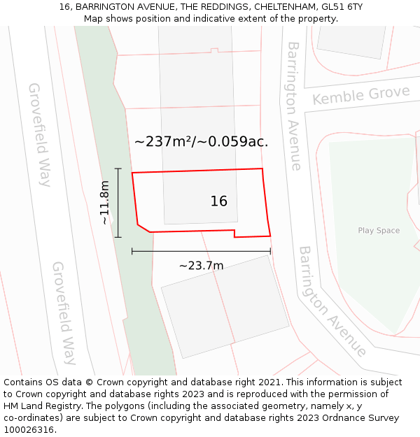 16, BARRINGTON AVENUE, THE REDDINGS, CHELTENHAM, GL51 6TY: Plot and title map