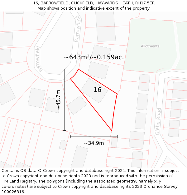 16, BARROWFIELD, CUCKFIELD, HAYWARDS HEATH, RH17 5ER: Plot and title map