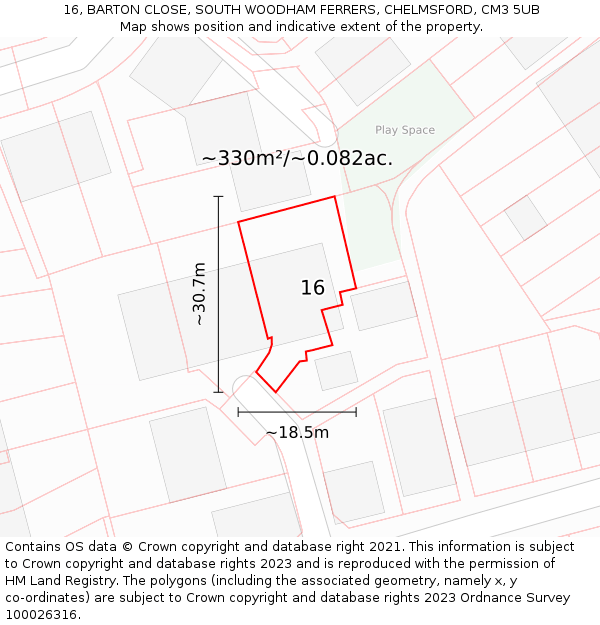 16, BARTON CLOSE, SOUTH WOODHAM FERRERS, CHELMSFORD, CM3 5UB: Plot and title map