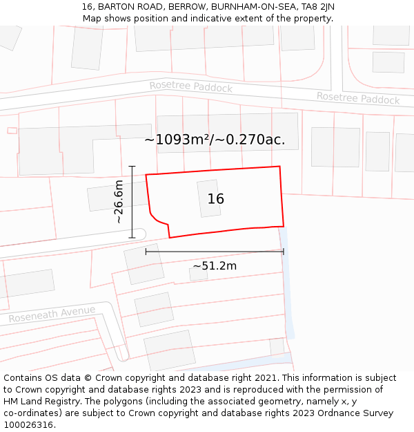 16, BARTON ROAD, BERROW, BURNHAM-ON-SEA, TA8 2JN: Plot and title map