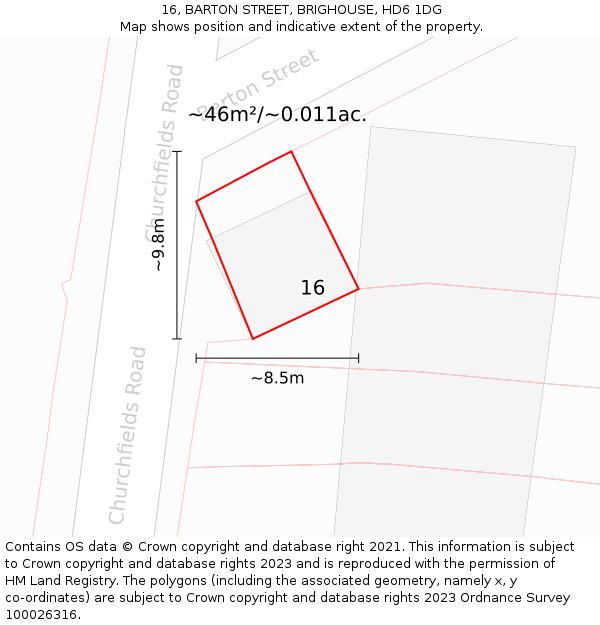 16, BARTON STREET, BRIGHOUSE, HD6 1DG: Plot and title map