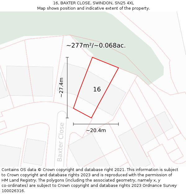 16, BAXTER CLOSE, SWINDON, SN25 4XL: Plot and title map