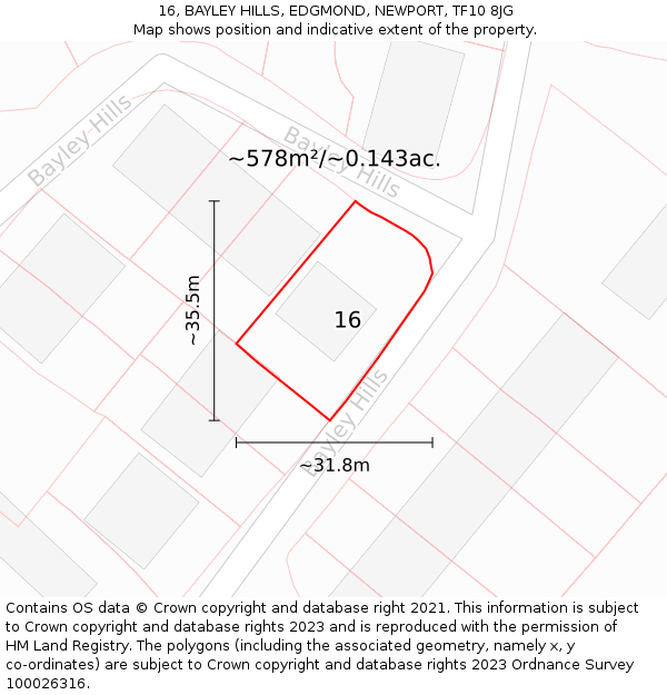 16, BAYLEY HILLS, EDGMOND, NEWPORT, TF10 8JG: Plot and title map