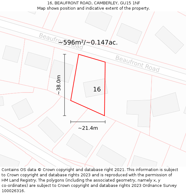 16, BEAUFRONT ROAD, CAMBERLEY, GU15 1NF: Plot and title map