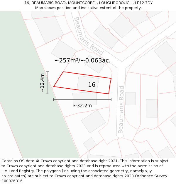 16, BEAUMARIS ROAD, MOUNTSORREL, LOUGHBOROUGH, LE12 7DY: Plot and title map