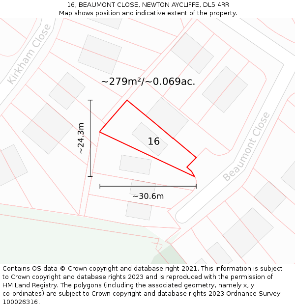 16, BEAUMONT CLOSE, NEWTON AYCLIFFE, DL5 4RR: Plot and title map