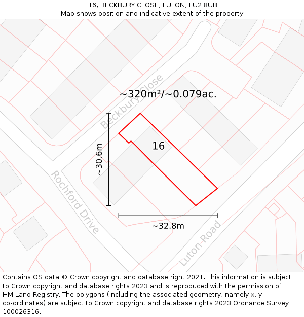 16, BECKBURY CLOSE, LUTON, LU2 8UB: Plot and title map