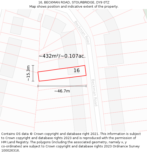 16, BECKMAN ROAD, STOURBRIDGE, DY9 0TZ: Plot and title map