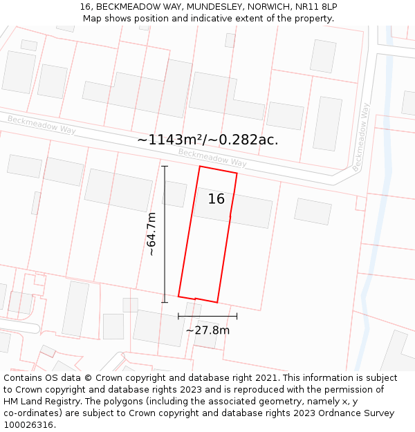 16, BECKMEADOW WAY, MUNDESLEY, NORWICH, NR11 8LP: Plot and title map