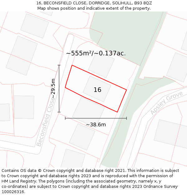 16, BECONSFIELD CLOSE, DORRIDGE, SOLIHULL, B93 8QZ: Plot and title map