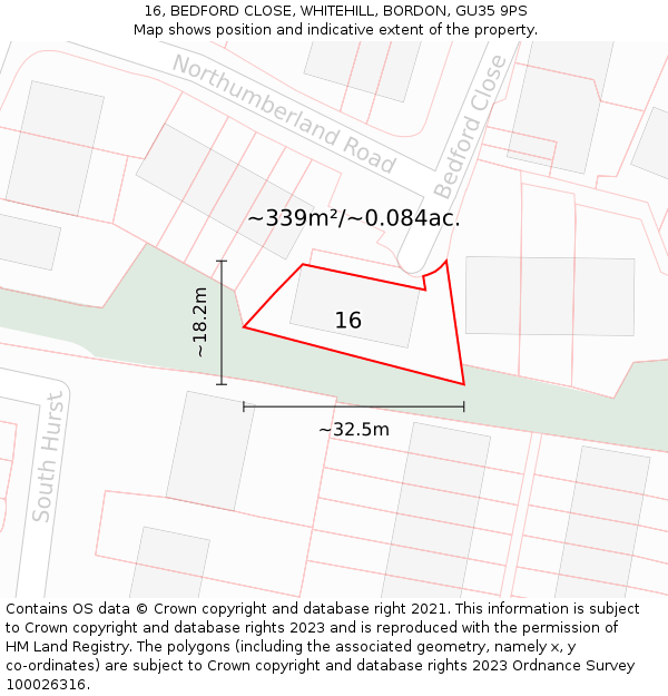 16, BEDFORD CLOSE, WHITEHILL, BORDON, GU35 9PS: Plot and title map