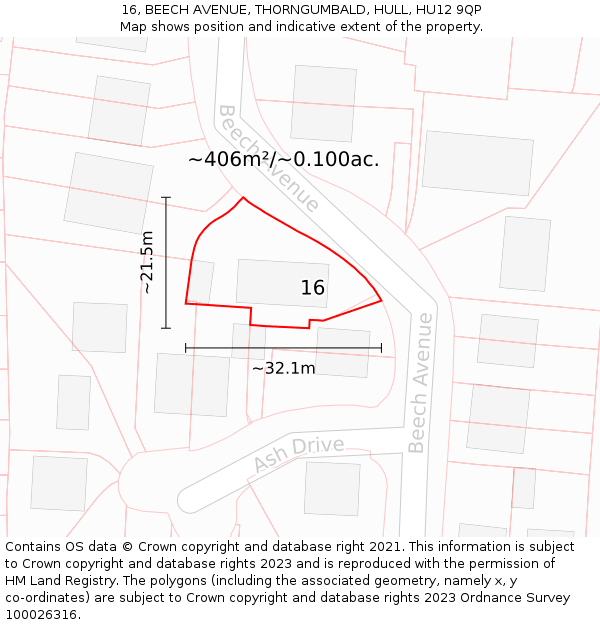 16, BEECH AVENUE, THORNGUMBALD, HULL, HU12 9QP: Plot and title map