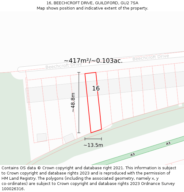 16, BEECHCROFT DRIVE, GUILDFORD, GU2 7SA: Plot and title map