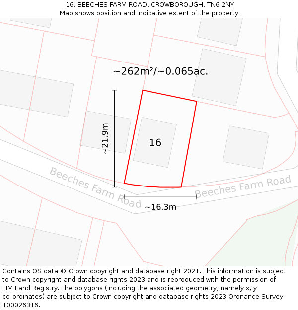 16, BEECHES FARM ROAD, CROWBOROUGH, TN6 2NY: Plot and title map