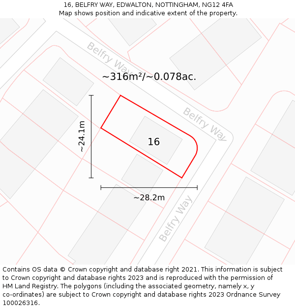 16, BELFRY WAY, EDWALTON, NOTTINGHAM, NG12 4FA: Plot and title map