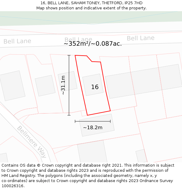 16, BELL LANE, SAHAM TONEY, THETFORD, IP25 7HD: Plot and title map