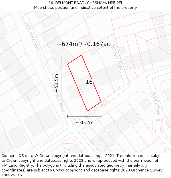 16, BELMONT ROAD, CHESHAM, HP5 2EL: Plot and title map